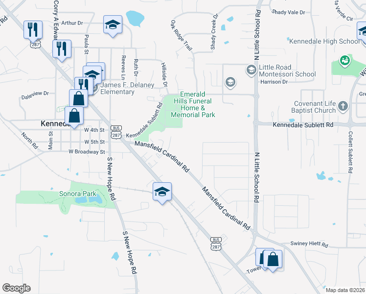 map of restaurants, bars, coffee shops, grocery stores, and more near 449 Mansfield Cardinal Road in Kennedale