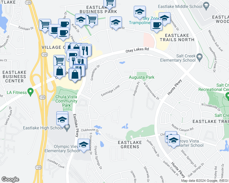 map of restaurants, bars, coffee shops, grocery stores, and more near 2340 Eastridge Loop in Chula Vista