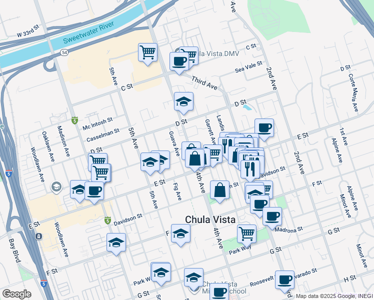 map of restaurants, bars, coffee shops, grocery stores, and more near 156 4th Avenue in Chula Vista