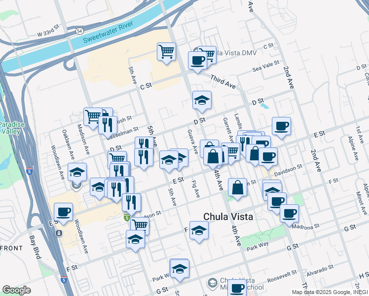 map of restaurants, bars, coffee shops, grocery stores, and more near 153 Brightwood Avenue in Chula Vista