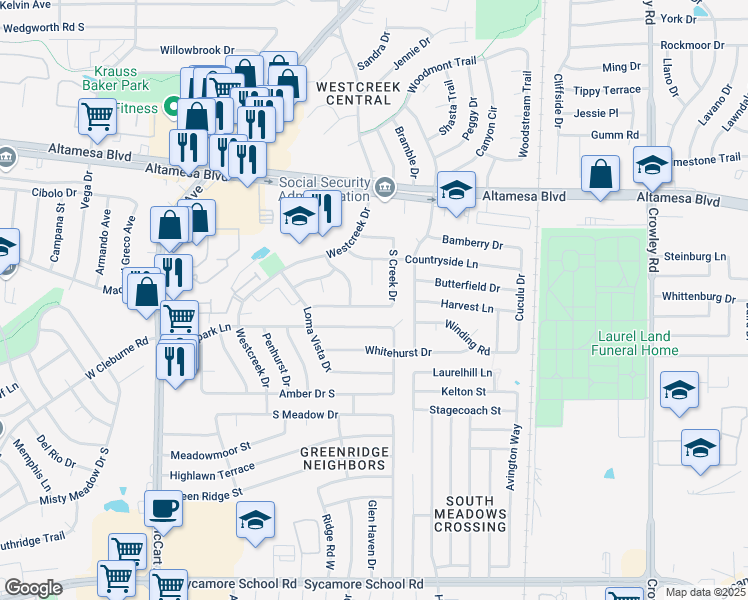 map of restaurants, bars, coffee shops, grocery stores, and more near 6815 South Creek Drive in Fort Worth