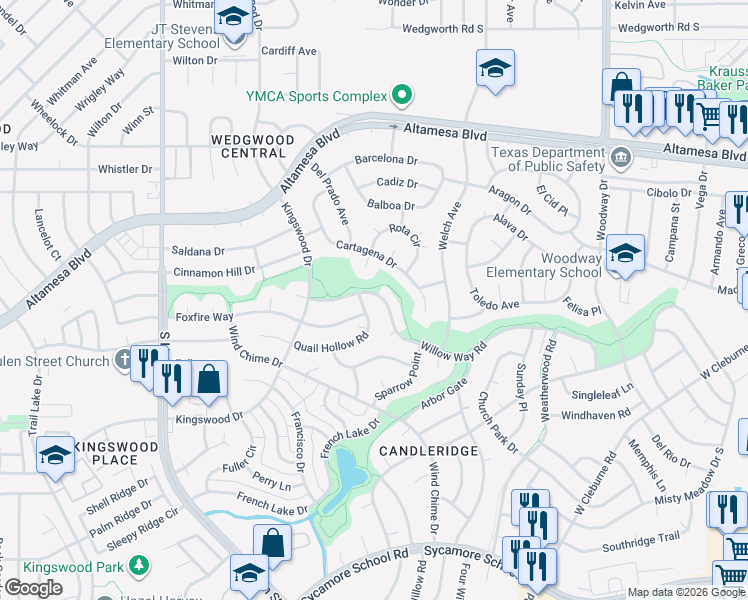 map of restaurants, bars, coffee shops, grocery stores, and more near 4400 Foxfire Way in Fort Worth