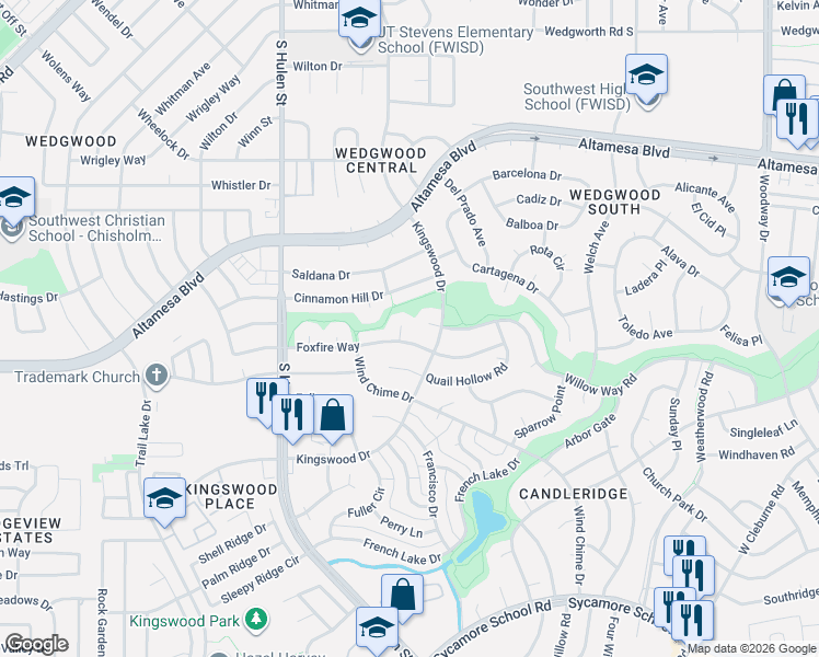 map of restaurants, bars, coffee shops, grocery stores, and more near 4505 Foxfire Way in Fort Worth