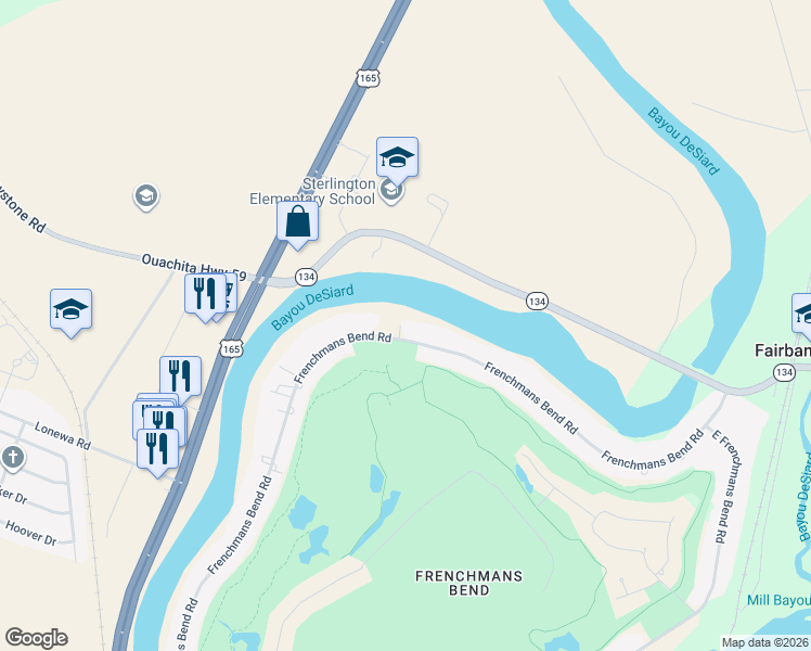 map of restaurants, bars, coffee shops, grocery stores, and more near Frenchmans Bend Road in Monroe