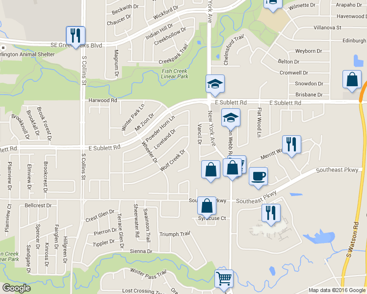 map of restaurants, bars, coffee shops, grocery stores, and more near 1701 Wolf Creek Drive in Arlington
