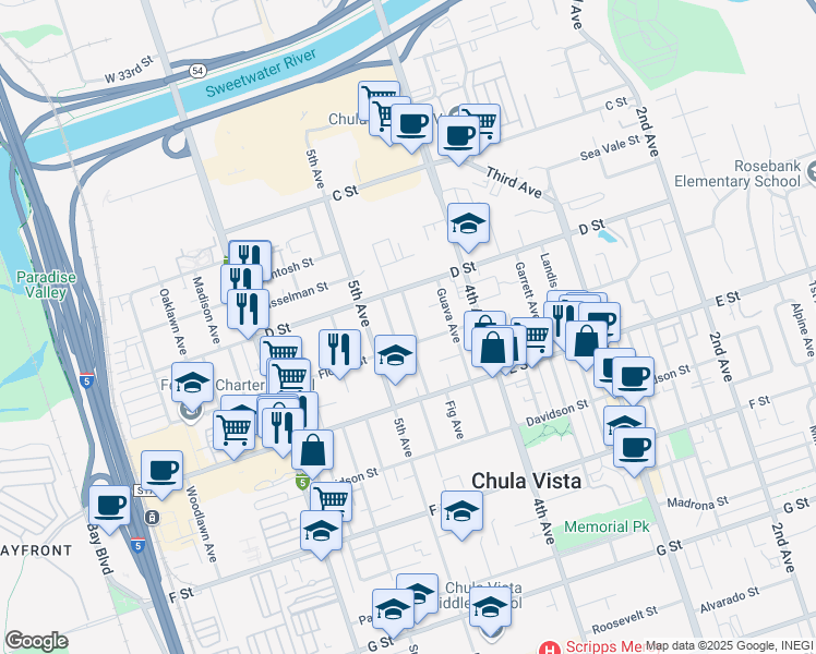 map of restaurants, bars, coffee shops, grocery stores, and more near 136 Brightwood Avenue in Chula Vista