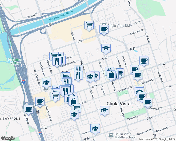 map of restaurants, bars, coffee shops, grocery stores, and more near 128 Elder Avenue in Chula Vista