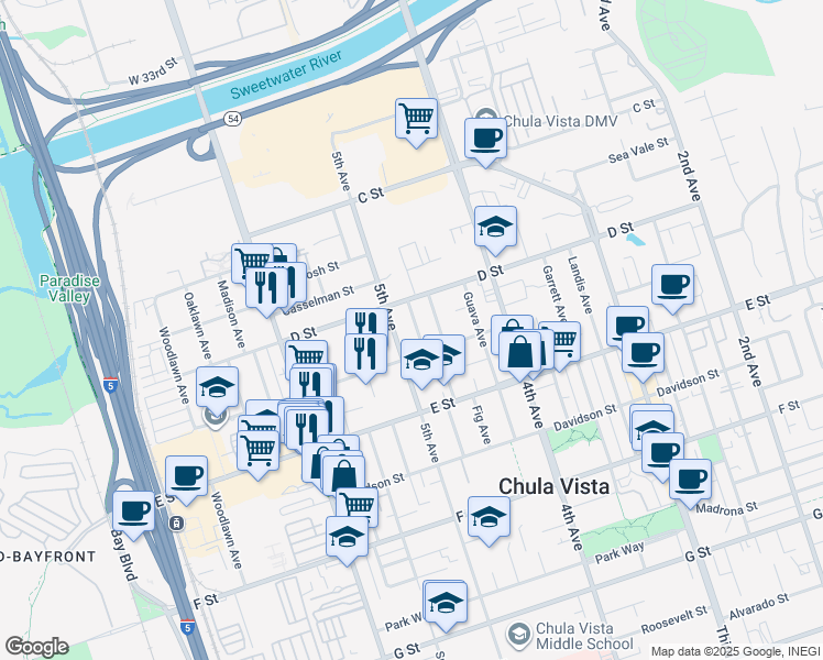 map of restaurants, bars, coffee shops, grocery stores, and more near 128 Elder Avenue in Chula Vista