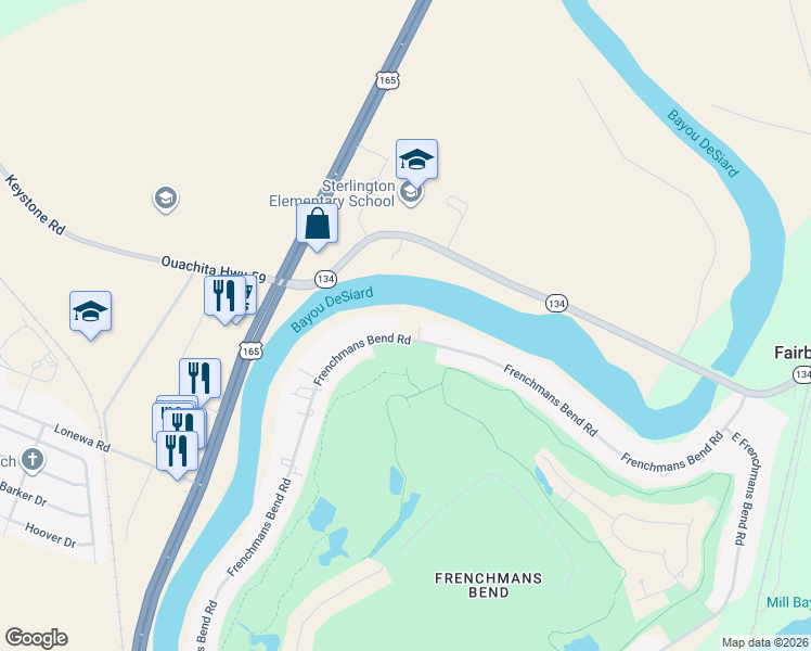 map of restaurants, bars, coffee shops, grocery stores, and more near Frenchmans Bend Road in Monroe