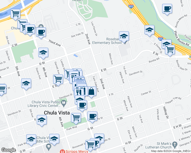 map of restaurants, bars, coffee shops, grocery stores, and more near 617-2 Chula Vista Street in Chula Vista