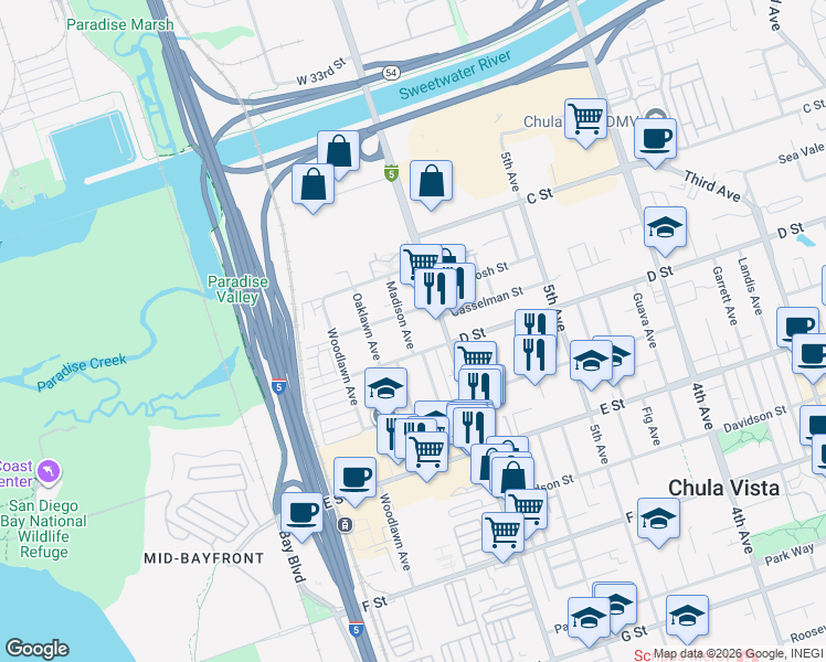 map of restaurants, bars, coffee shops, grocery stores, and more near 83 Madison Avenue in Chula Vista