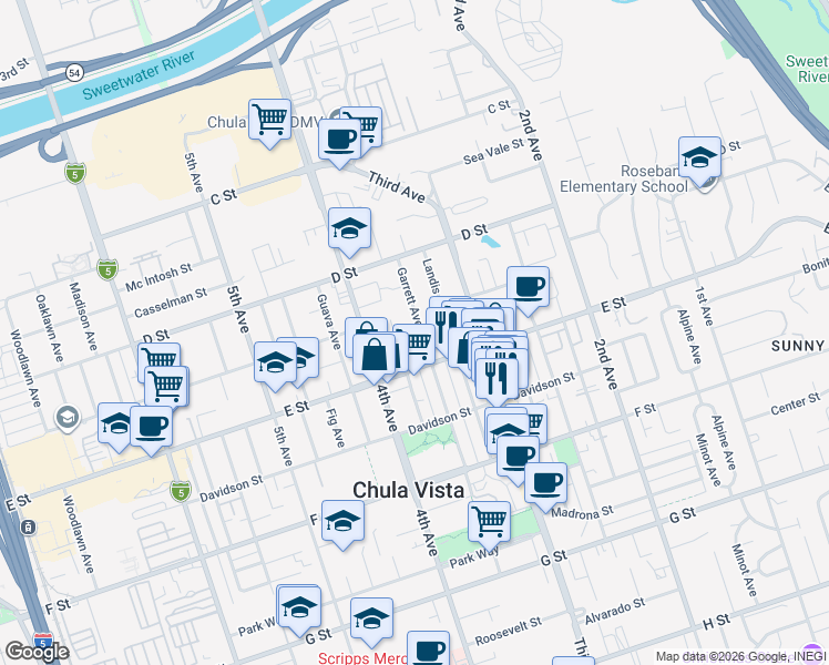 map of restaurants, bars, coffee shops, grocery stores, and more near 185 Glover Avenue in Chula Vista