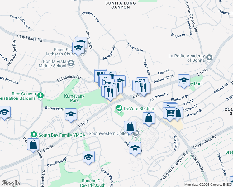 map of restaurants, bars, coffee shops, grocery stores, and more near 1495 East H Street in Chula Vista