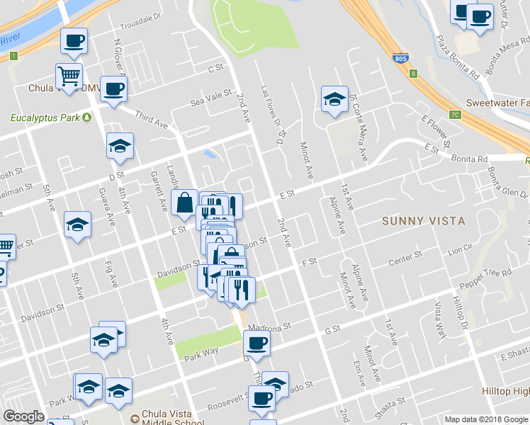 map of restaurants, bars, coffee shops, grocery stores, and more near 230 Twin Oaks Avenue in Chula Vista