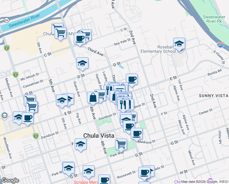 map of restaurants, bars, coffee shops, grocery stores, and more near 331 County Highway S17 in Chula Vista