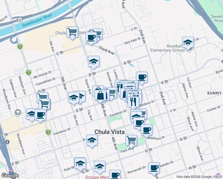 map of restaurants, bars, coffee shops, grocery stores, and more near 185 Glover Avenue in Chula Vista
