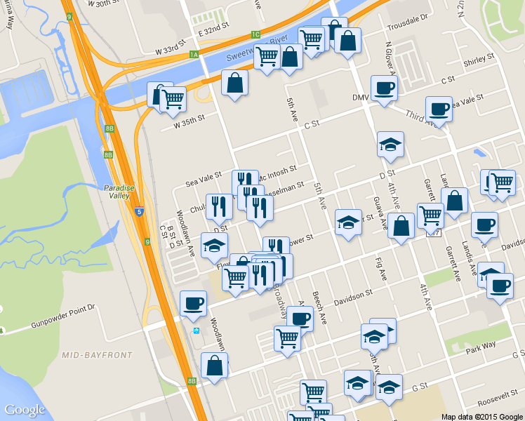 map of restaurants, bars, coffee shops, grocery stores, and more near 101 Broadway in Chula Vista