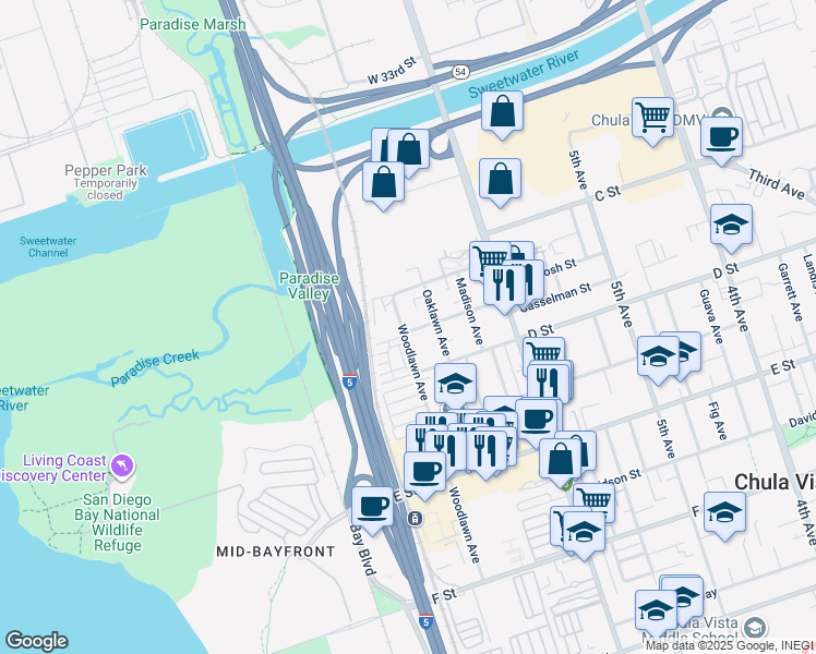 map of restaurants, bars, coffee shops, grocery stores, and more near 79 Woodlawn Avenue in Chula Vista