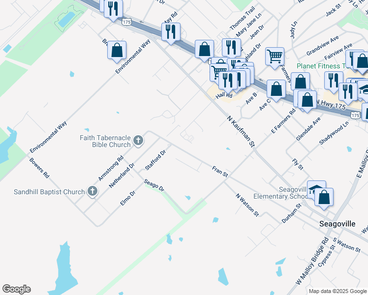 map of restaurants, bars, coffee shops, grocery stores, and more near 21 Allie Renea Lane in Seagoville