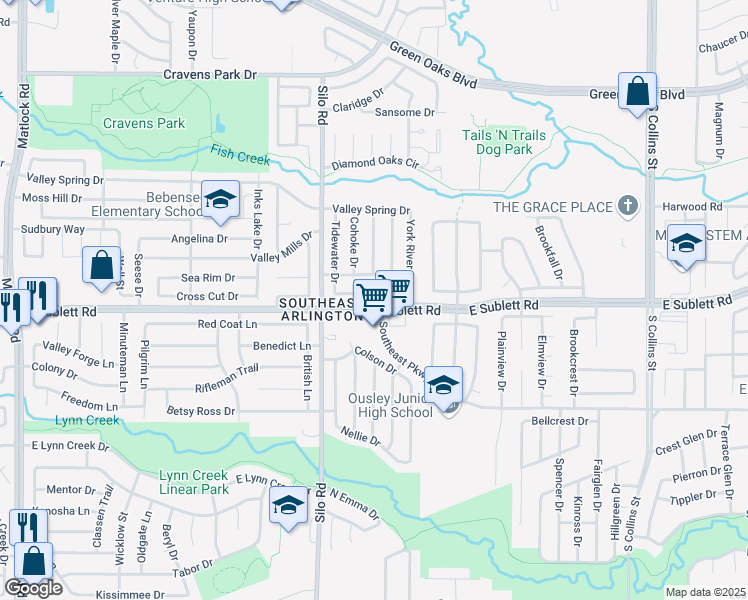 map of restaurants, bars, coffee shops, grocery stores, and more near 734 Southeast Parkway in Arlington