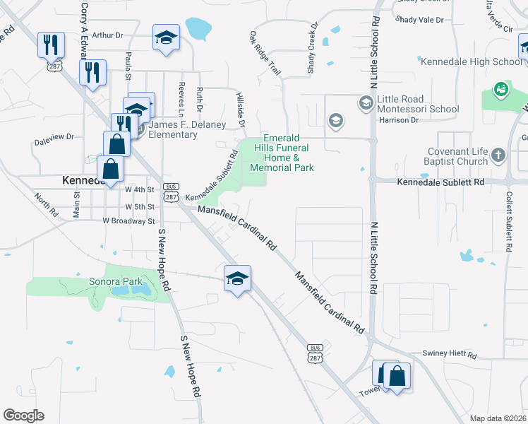 map of restaurants, bars, coffee shops, grocery stores, and more near 449 Mansfield Cardinal Road in Kennedale