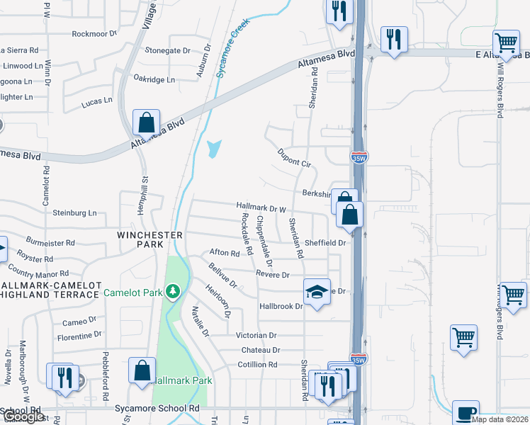 map of restaurants, bars, coffee shops, grocery stores, and more near 6916 Chippendale Drive in Fort Worth