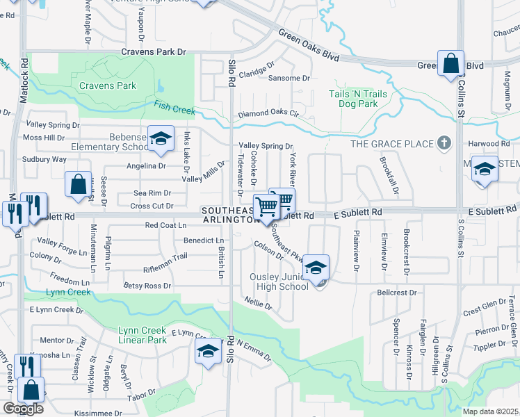 map of restaurants, bars, coffee shops, grocery stores, and more near 716 Charles City Drive in Arlington