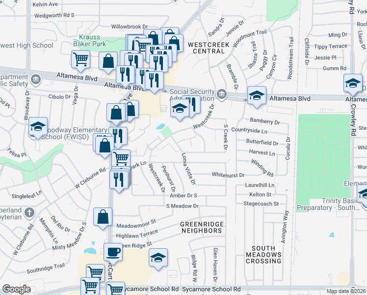 map of restaurants, bars, coffee shops, grocery stores, and more near 2930 Westvista Circle in Fort Worth