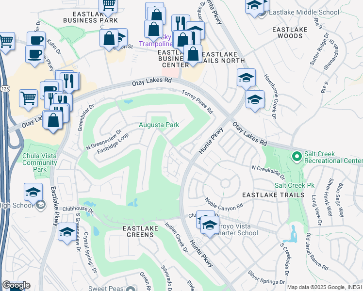 map of restaurants, bars, coffee shops, grocery stores, and more near 1098 Torrey Pines Road in Chula Vista