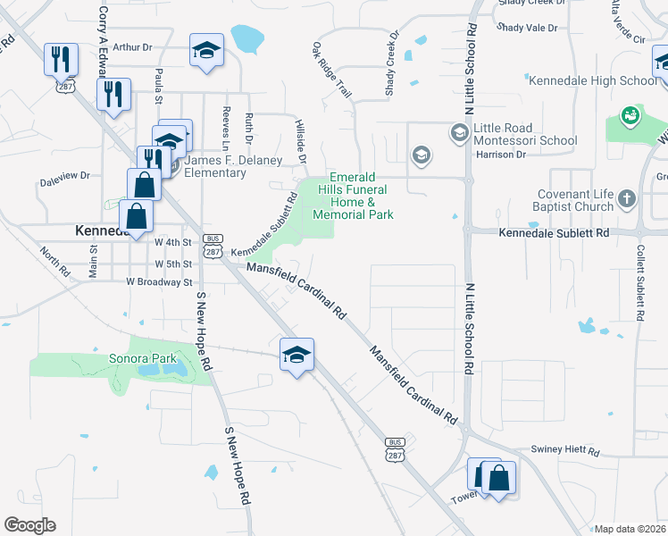 map of restaurants, bars, coffee shops, grocery stores, and more near Cardinal Court in Kennedale