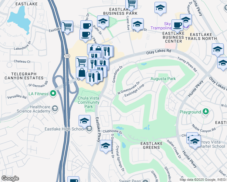 map of restaurants, bars, coffee shops, grocery stores, and more near 2330 Greenbriar Drive in Chula Vista