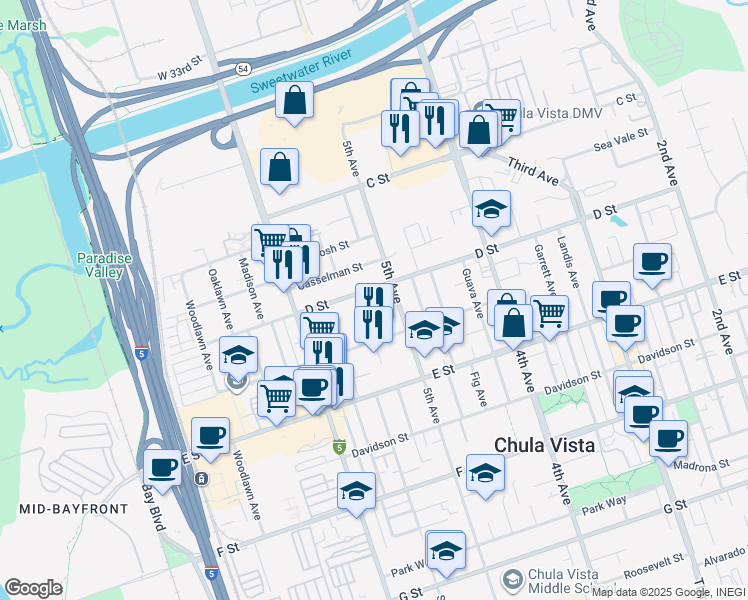 map of restaurants, bars, coffee shops, grocery stores, and more near 517 D Street in Chula Vista