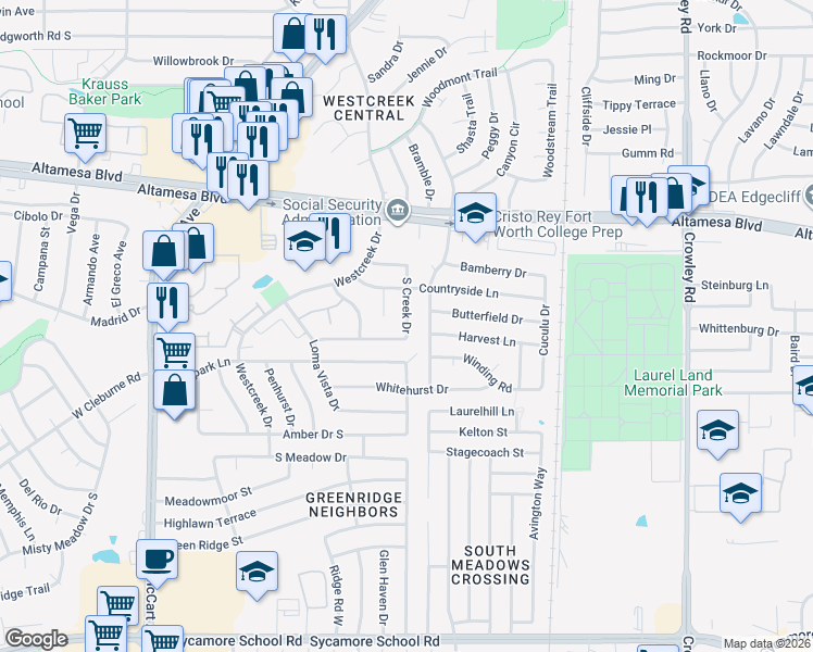 map of restaurants, bars, coffee shops, grocery stores, and more near 6710 Brookhaven Trail in Fort Worth
