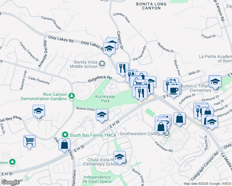map of restaurants, bars, coffee shops, grocery stores, and more near 1404 Ridgeback Road in Chula Vista
