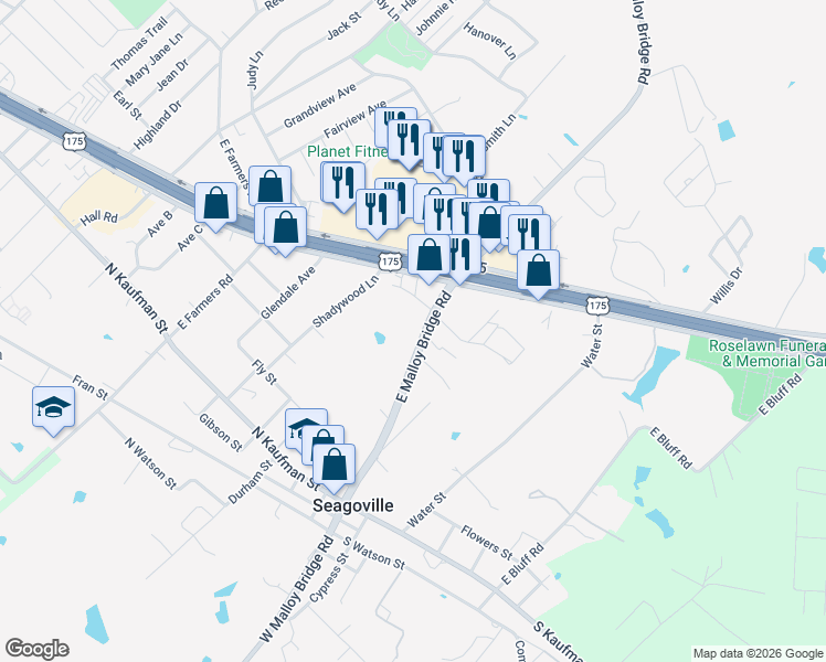 map of restaurants, bars, coffee shops, grocery stores, and more near 407 East Malloy Bridge Road in Seagoville