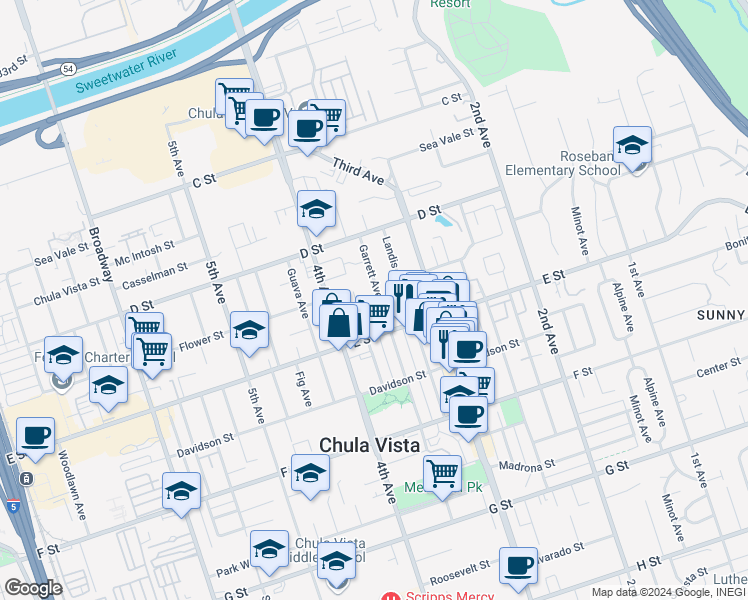 map of restaurants, bars, coffee shops, grocery stores, and more near 164 Garrett Avenue in Chula Vista