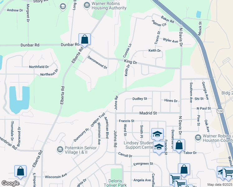 map of restaurants, bars, coffee shops, grocery stores, and more near 403 Ward Street in Warner Robins