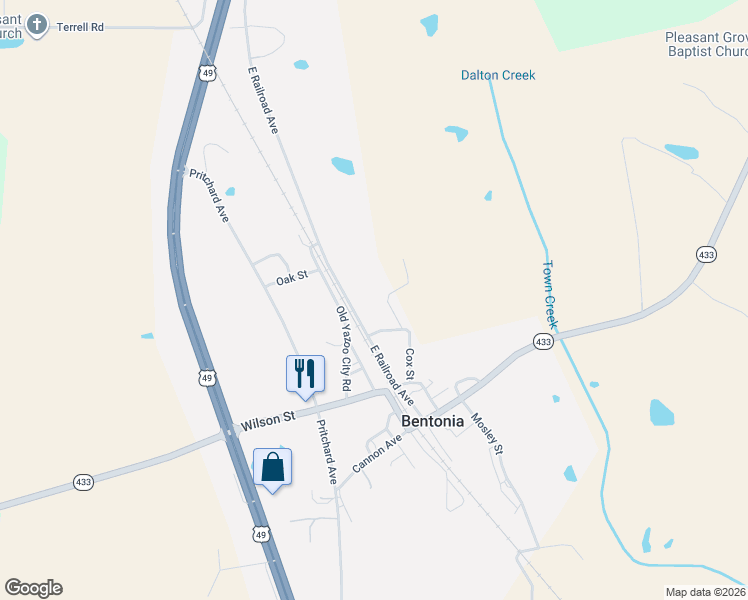 map of restaurants, bars, coffee shops, grocery stores, and more near 400-534 East Railroad Avenue in Bentonia
