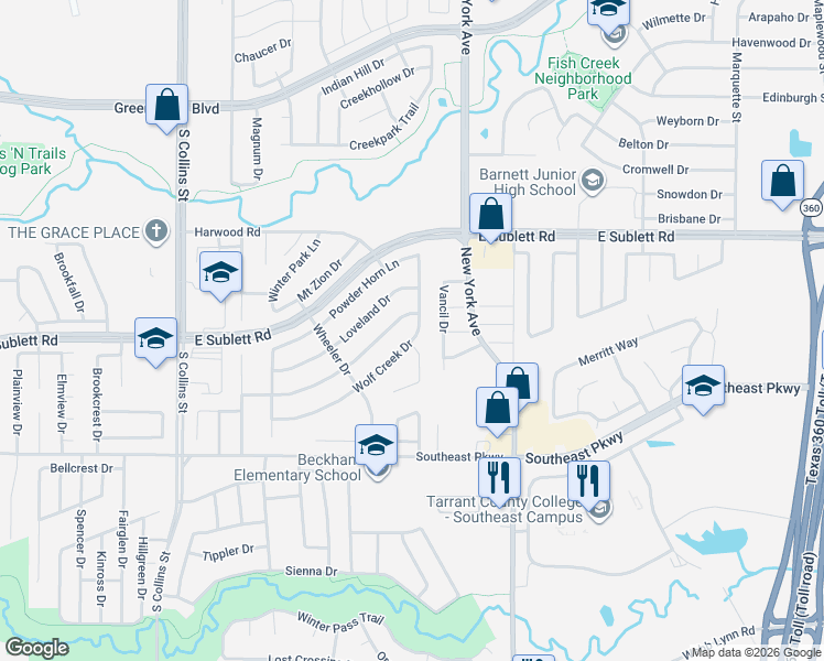 map of restaurants, bars, coffee shops, grocery stores, and more near 1714 Wolf Creek Drive in Arlington