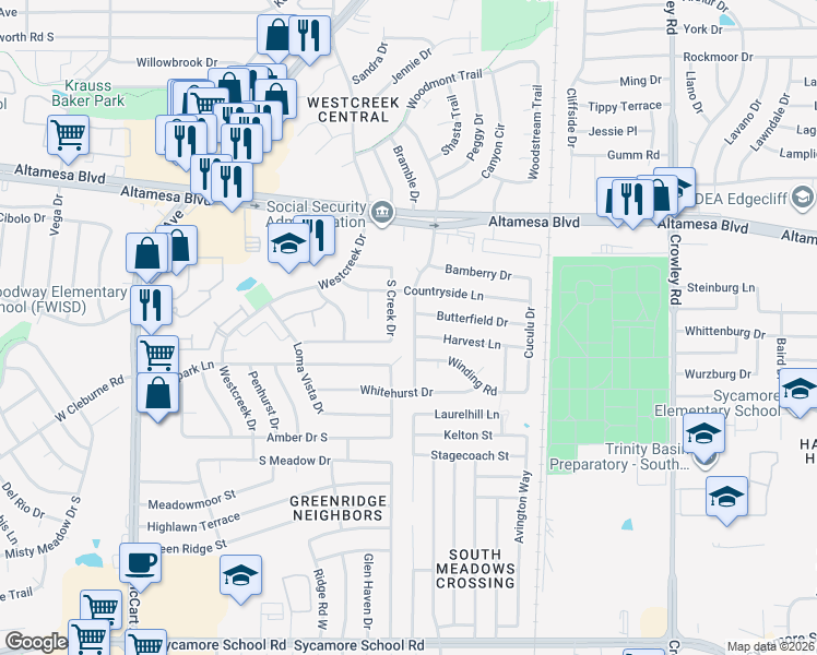 map of restaurants, bars, coffee shops, grocery stores, and more near 6720 Brookhaven Trail in Fort Worth