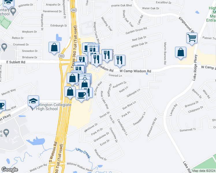 map of restaurants, bars, coffee shops, grocery stores, and more near 5235 Kathryn Drive in Grand Prairie