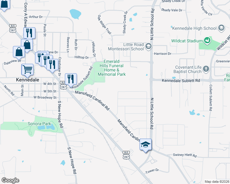 map of restaurants, bars, coffee shops, grocery stores, and more near 400 Winterwood Drive in Kennedale