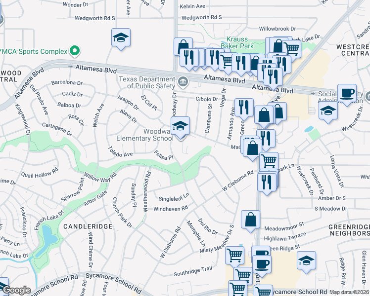 map of restaurants, bars, coffee shops, grocery stores, and more near 6701 Woodway Drive in Fort Worth