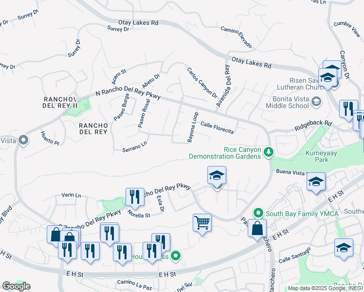 map of restaurants, bars, coffee shops, grocery stores, and more near 555 Bayona Loop in Chula Vista
