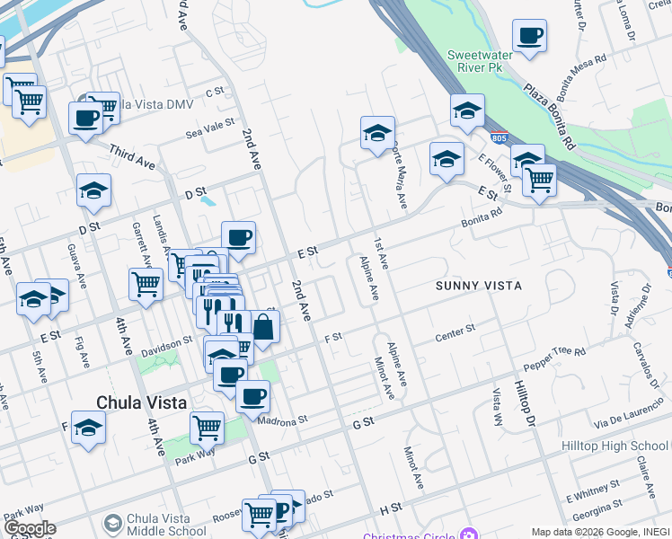 map of restaurants, bars, coffee shops, grocery stores, and more near 170 E Street in Chula Vista