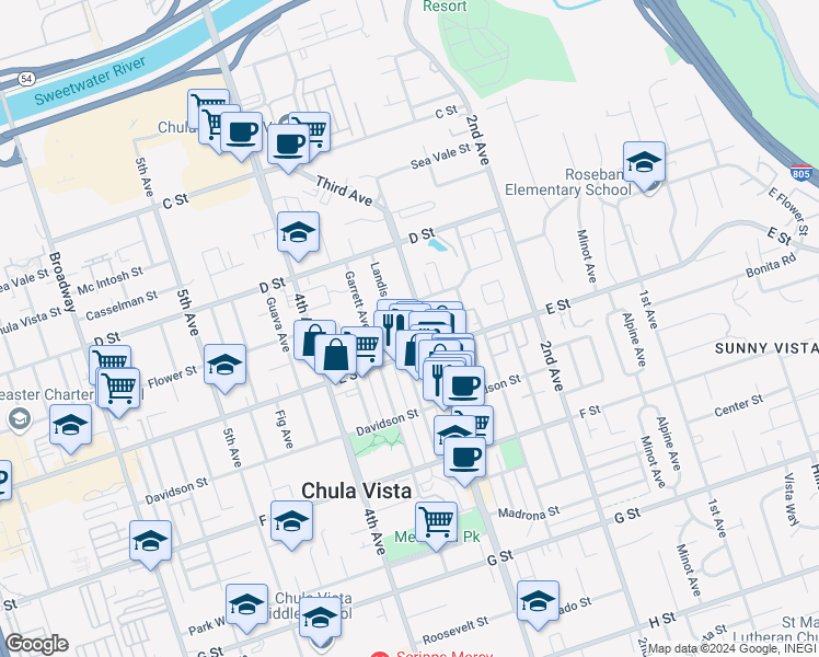 map of restaurants, bars, coffee shops, grocery stores, and more near 155 Landis Avenue in Chula Vista