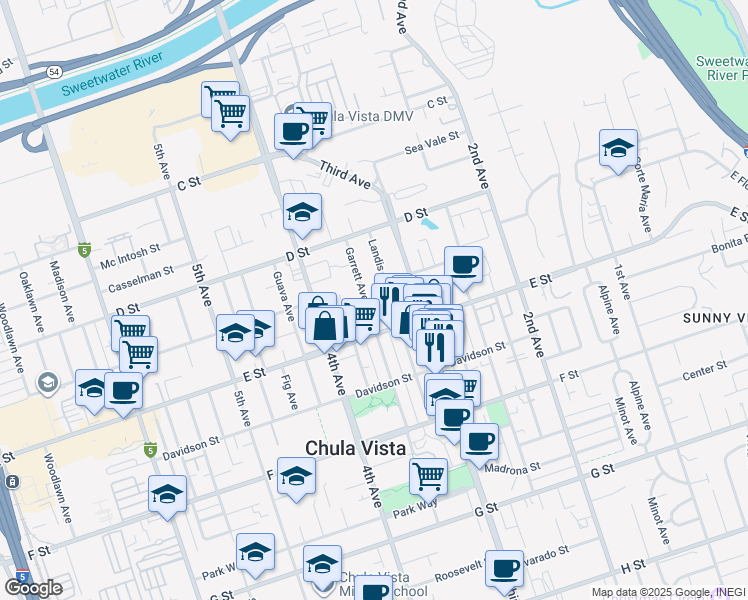 map of restaurants, bars, coffee shops, grocery stores, and more near 147 Garrett Avenue in Chula Vista