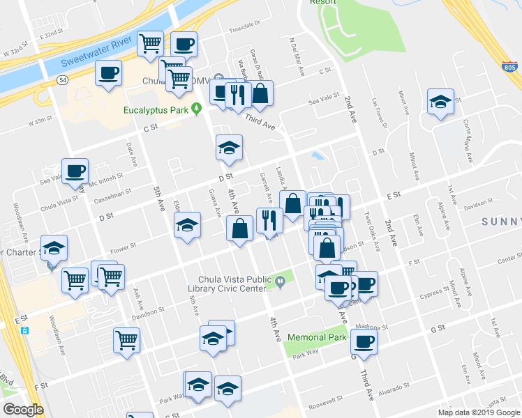 map of restaurants, bars, coffee shops, grocery stores, and more near 147 Garrett Avenue in Chula Vista