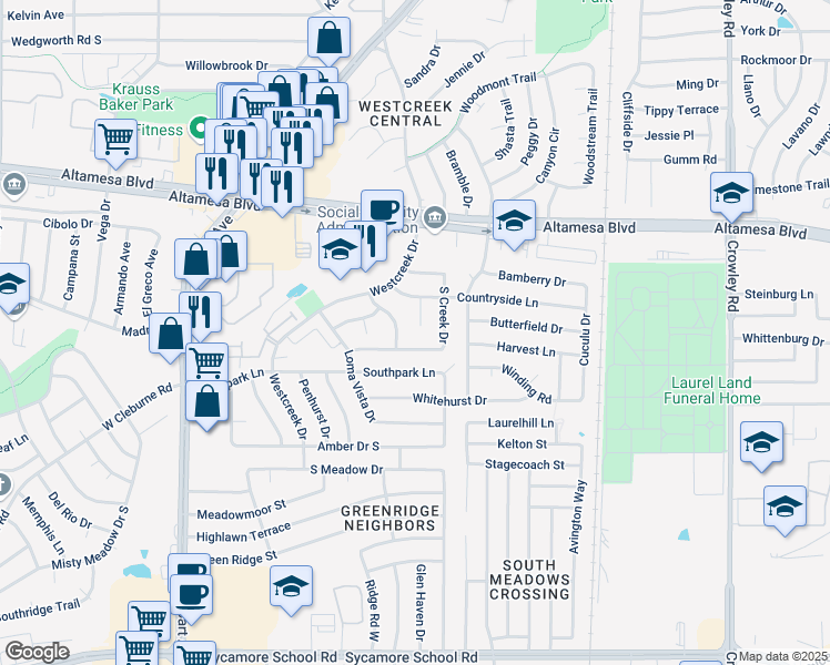 map of restaurants, bars, coffee shops, grocery stores, and more near 6710 Crestmont Court in Fort Worth