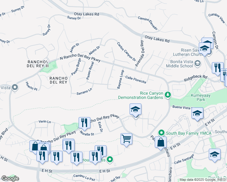 map of restaurants, bars, coffee shops, grocery stores, and more near 555 Bayona Loop in Chula Vista